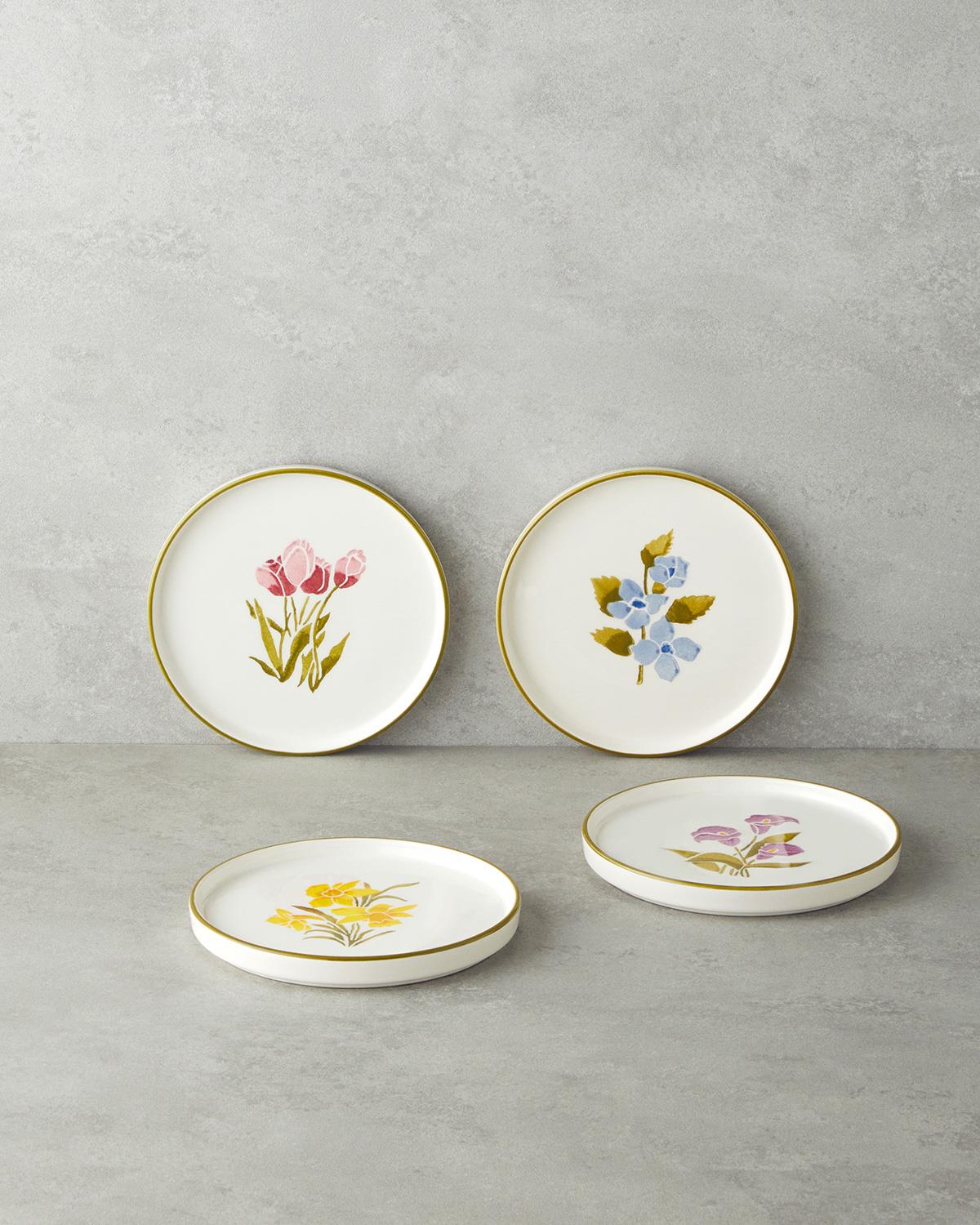 Premium Ceramic Dessert Plate Set Colorful Begonia Design 4 Piece