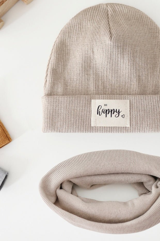 Beige Ribbed Baby Beanie & Neck Warmer Set - TryAladdin