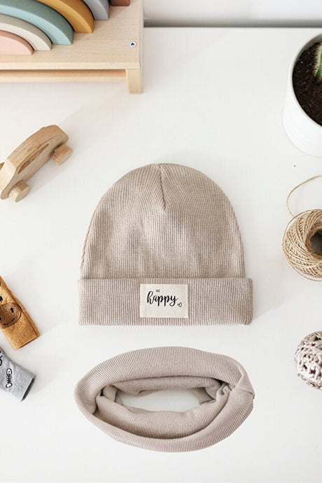 Beige Ribbed Baby Beanie & Neck Warmer Set - TryAladdin