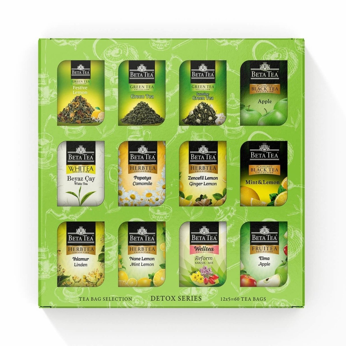 Beta Tea Gift Box – Green & Herbal Tea Detox Series (60 Bags, 12 Varieties x 5 Each)