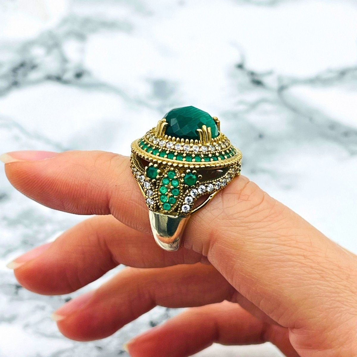 Handmade Turkish Ring, 925 Sterling Silver Ring, newest Malachite Gemstone, Magnificent Gift, Ottoman Ring, Vintage Ring