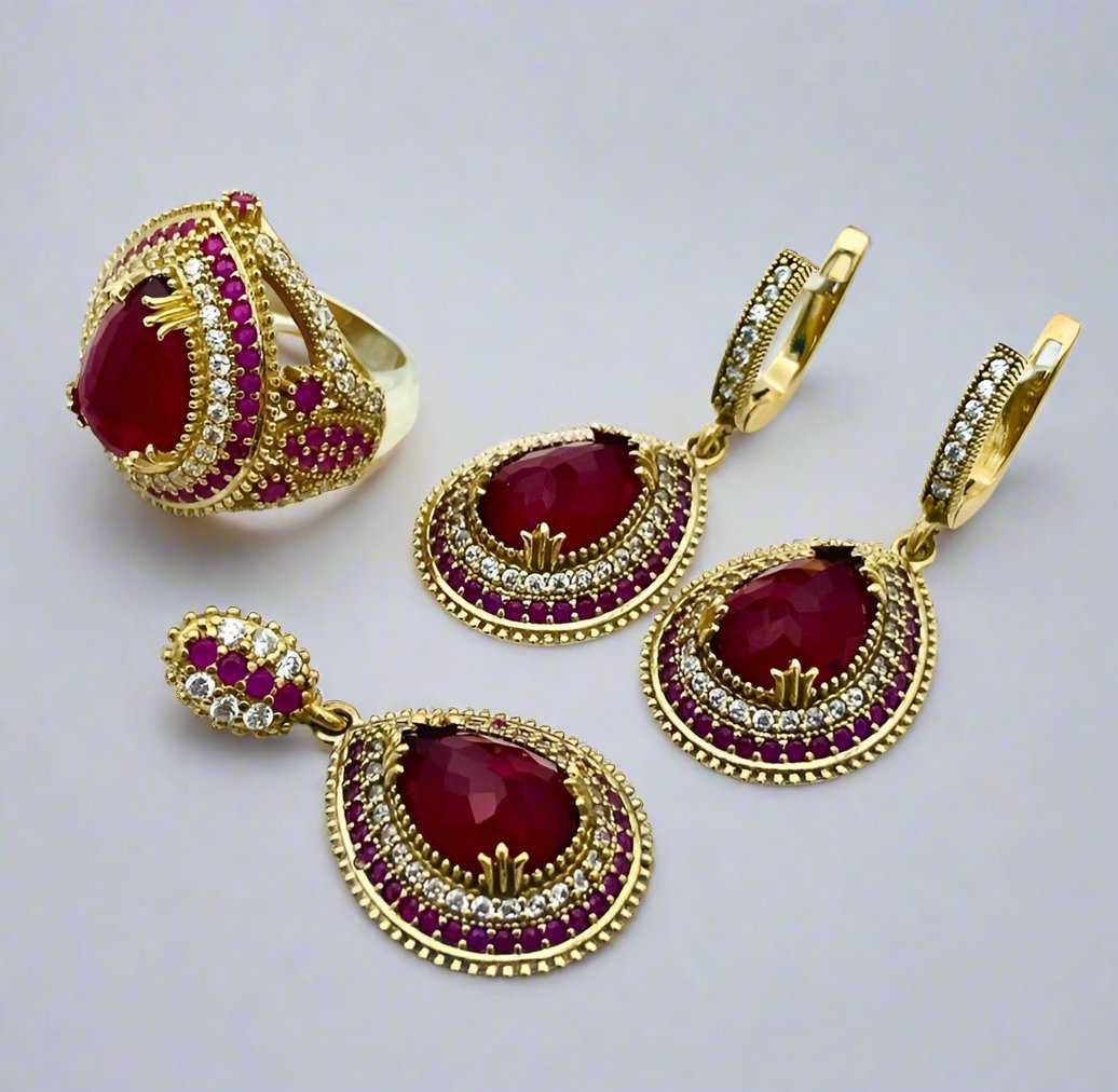 Istanbul Jewelry Ruby Ottoman Style Handmade Silver Jewelry Set