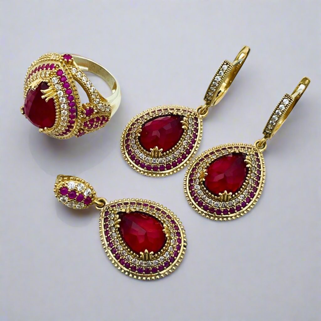 Turkish factory Handmade Jewelry 925 Sterling Silver Ruby Stone Women Earring Set