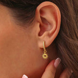 Dazzling Sterling Silver Zircon Sun Charm Dangle Hoop Earrings