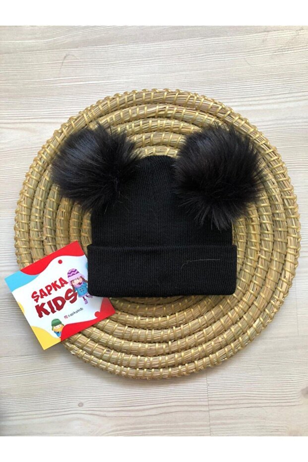 Black Double Pom - Pom Kids Beanie - Warm & Stylish - TryAladdin
