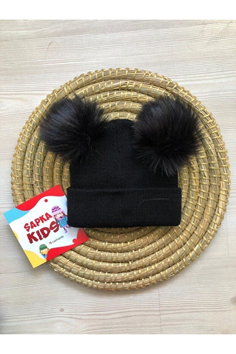 Black Double Pom - Pom Kids' Beanie - Warm & Stylish - TryAladdin