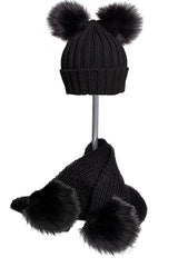 Black Double Pom - Pom Knitted Hat & Scarf Set - TryAladdin