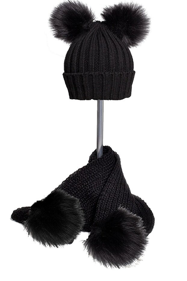 Black Double Pom - Pom Knitted Hat & Scarf Set - TryAladdin