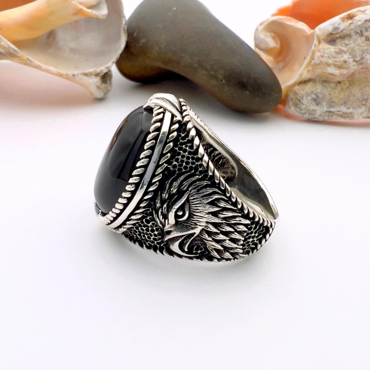 Black Onyx Oval Stone Silver Men's Ring