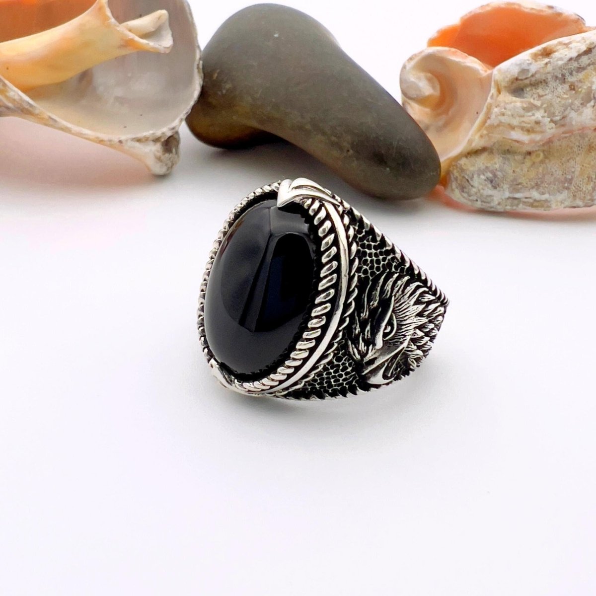 Black Onyx Oval Stone Silver Men's Ring