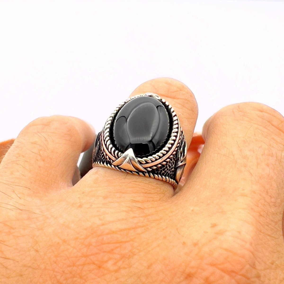 Black Onyx Oval Stone Silver Men's Ring