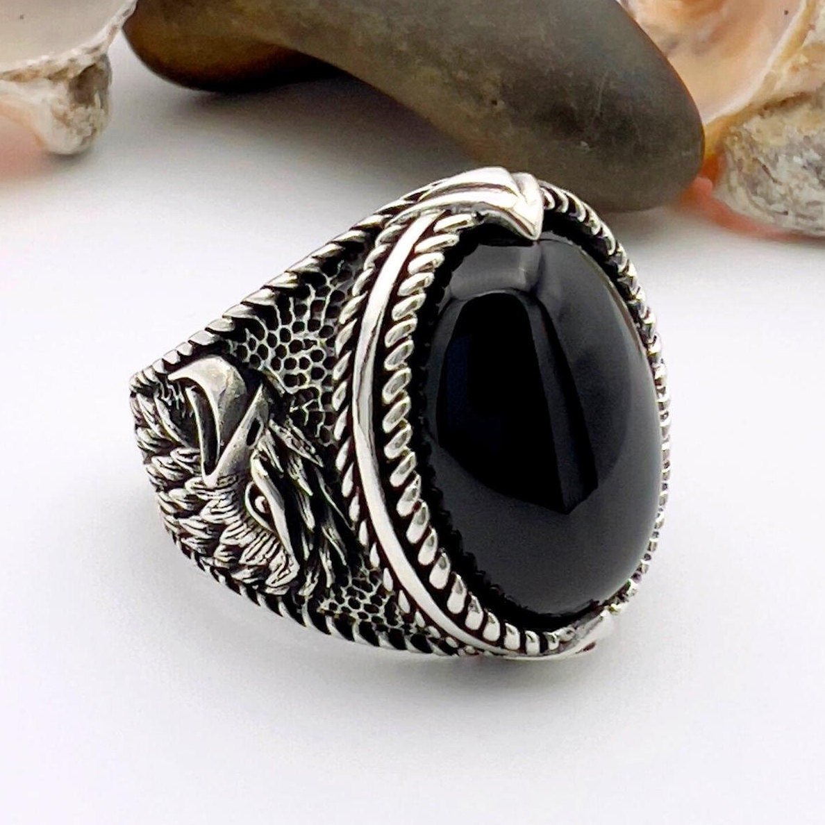 Black Onyx Oval Stone Silver Men's Ring