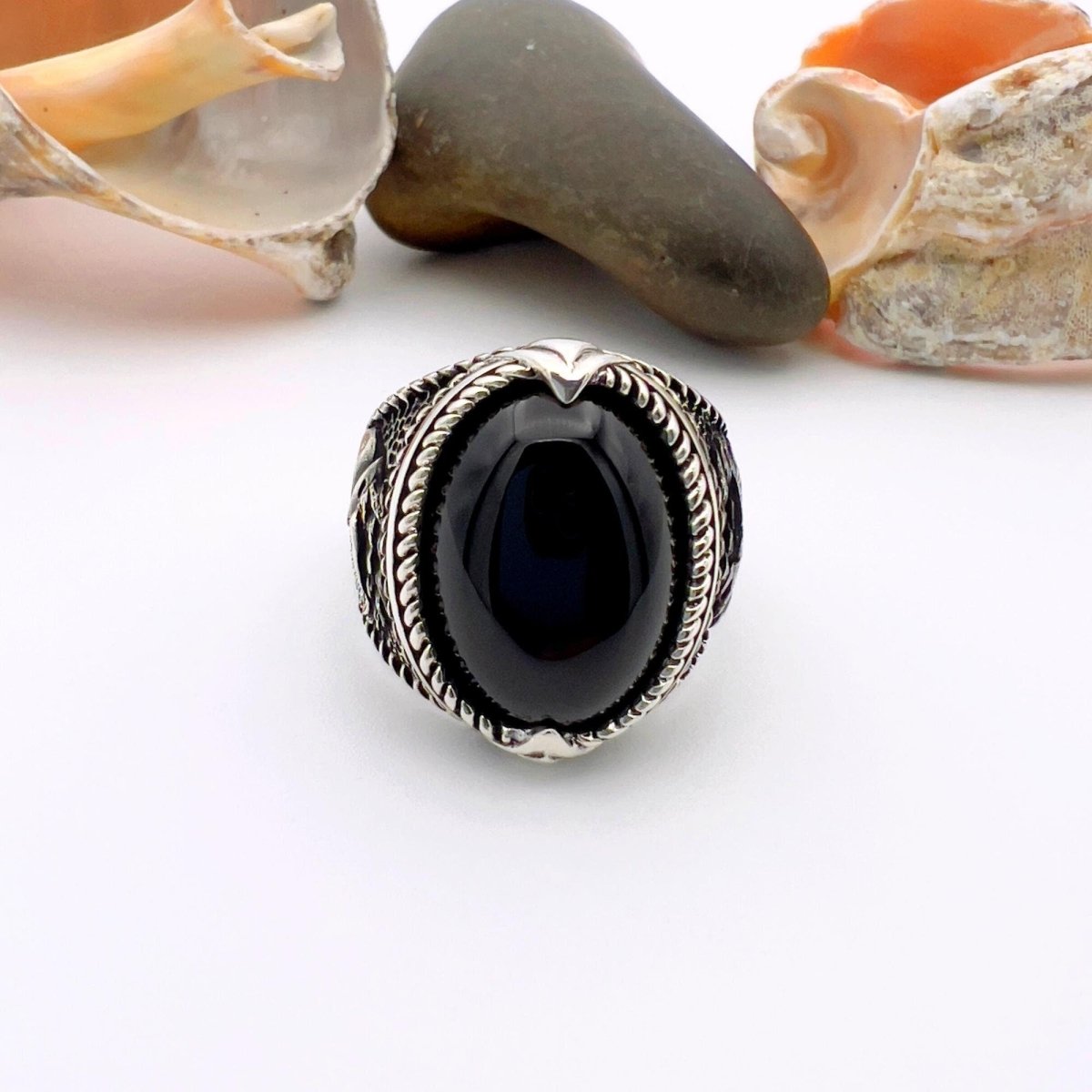 Black Onyx Oval Stone Silver Men's Ring