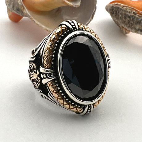 Black Onyx Stone Double Headed Eagle Men's Silver Ring