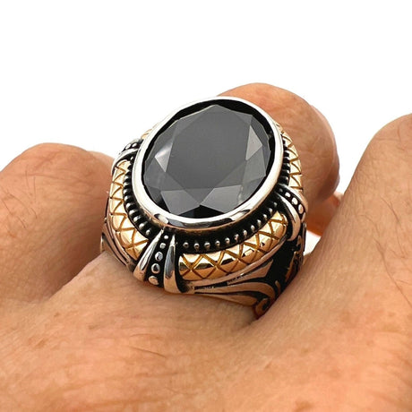 Black Onyx Stone Double Headed Eagle Men's Silver Ring