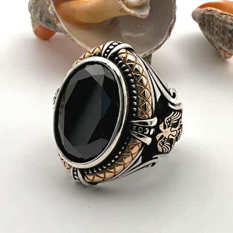 Black Onyx Stone Double Headed Eagle Silver Ring