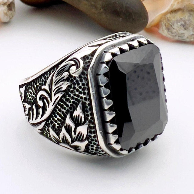 Black Onyx Stone Men's Silver Ring