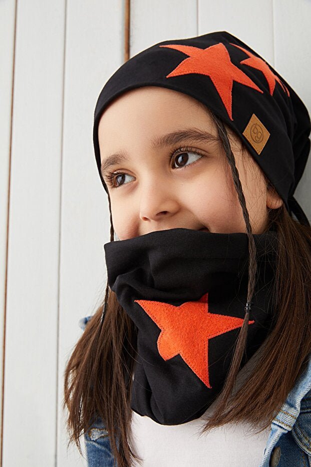 Black Orange Star Beanie & Neck Warmer Set - Soft cotton 2 - Piece - TryAladdin