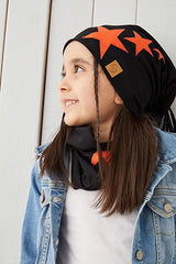 Black Orange Star Beanie & Neck Warmer Set - Soft Cotton 2 - Piece - TryAladdin