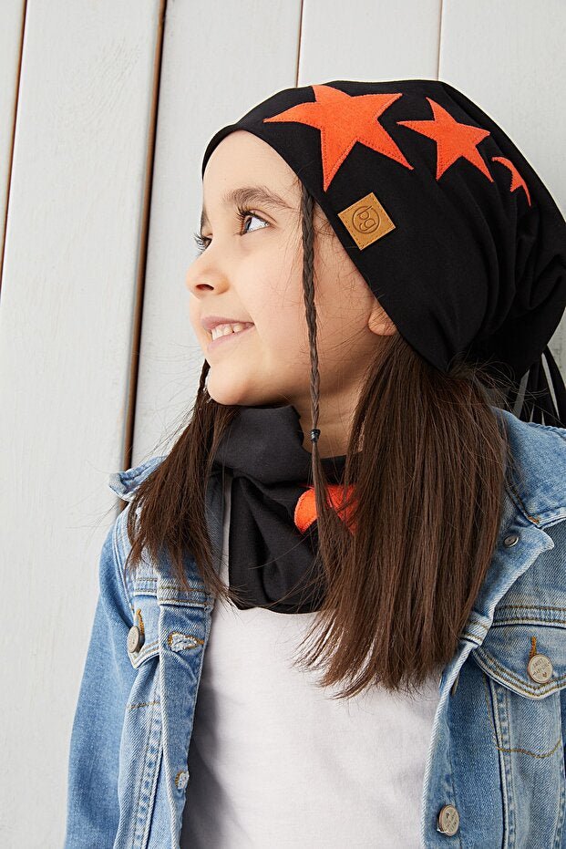 Black Orange Star Beanie & Neck Warmer Set - Soft Cotton 2 - Piece - TryAladdin