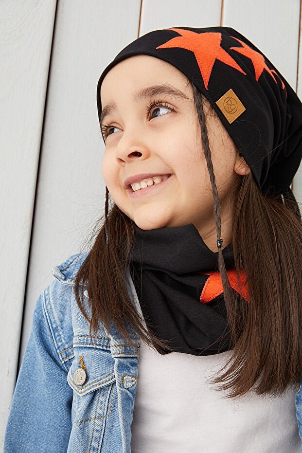 Black Orange Star Beanie & Neck Warmer Set - Soft cotton 2 - Piece - TryAladdin