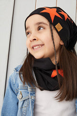 Black Orange Star Beanie & Neck Warmer Set - Soft Cotton 2 - Piece - TryAladdin