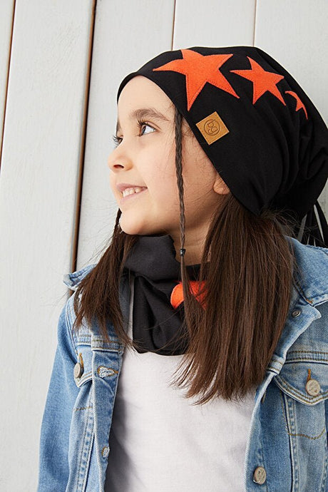 Black Orange Star Beanie & Neck Warmer Set - Soft cotton 2 - Piece - TryAladdin