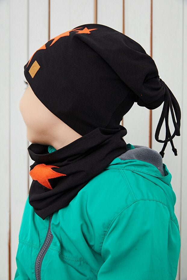 Black Orange Star Beanie & Neck Warmer Set - Soft Cotton 2 - Piece - TryAladdin