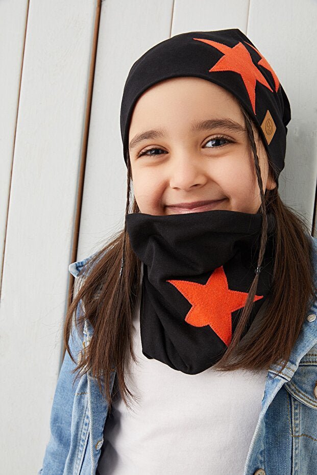 Black Orange Star Beanie & Neck Warmer Set - Soft Cotton 2 - Piece - TryAladdin