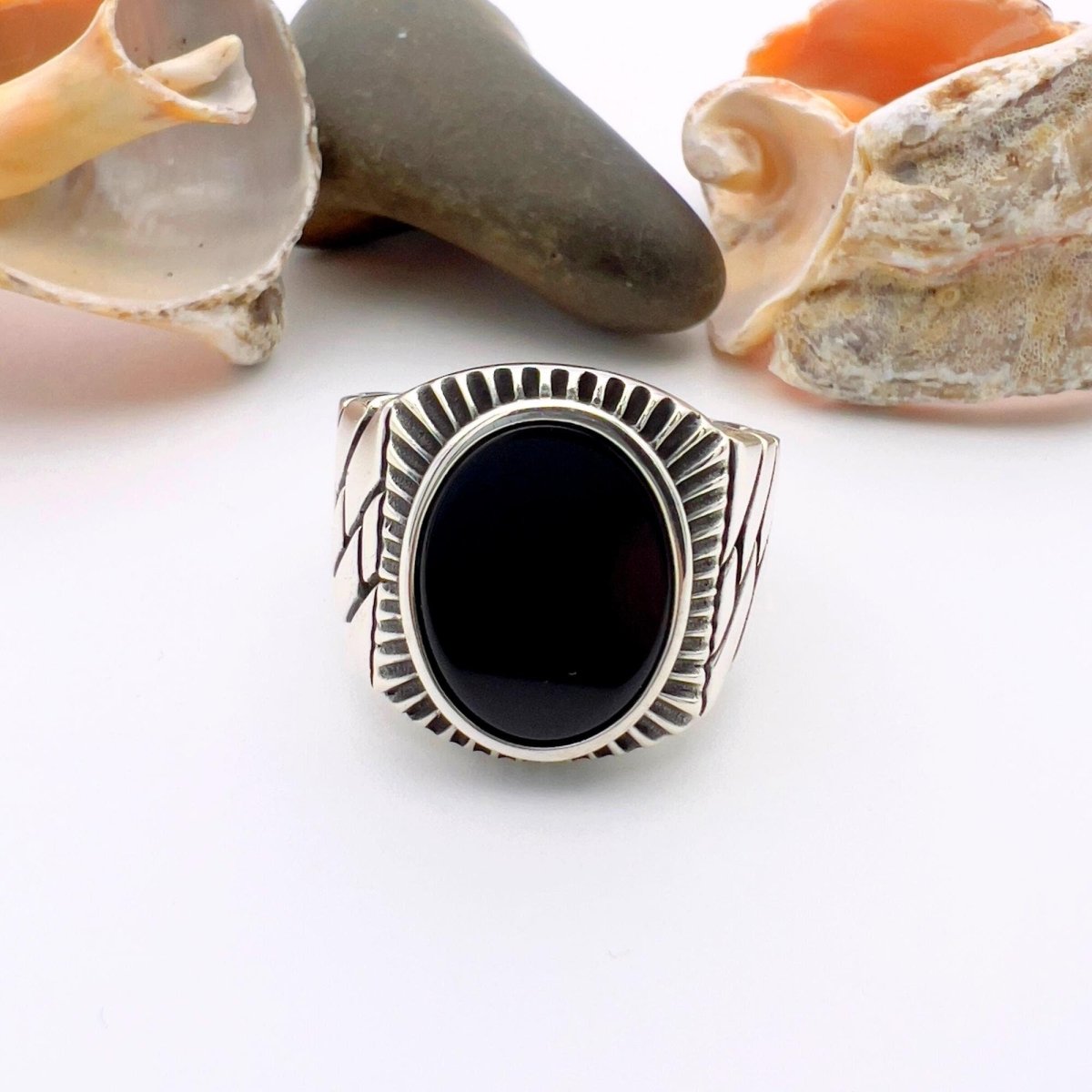 Black Oval Onyx Stone Men's Silver Ring