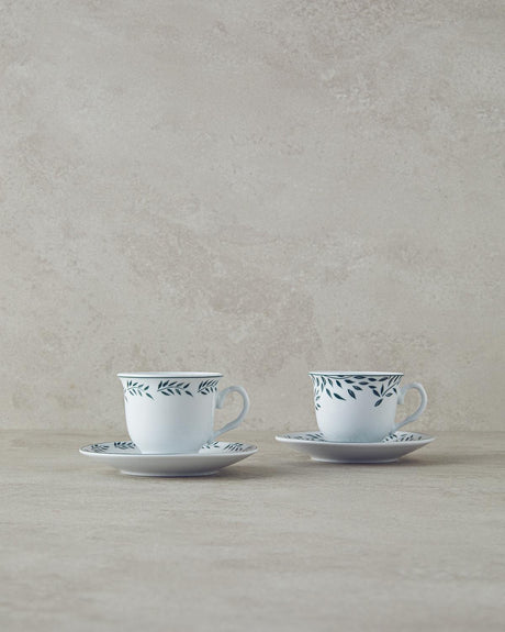 Premium Porcelain Coffee Cup Set   Green Leaf Motif   2 Person   4 Piece