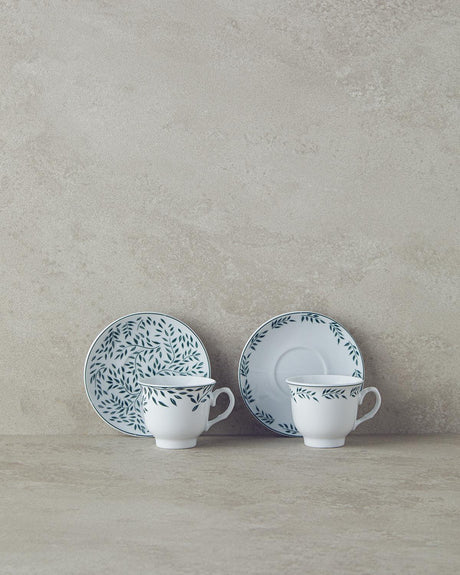 Premium Porcelain Coffee Cup Set   Green Leaf Motif   2 Person   4 Piece