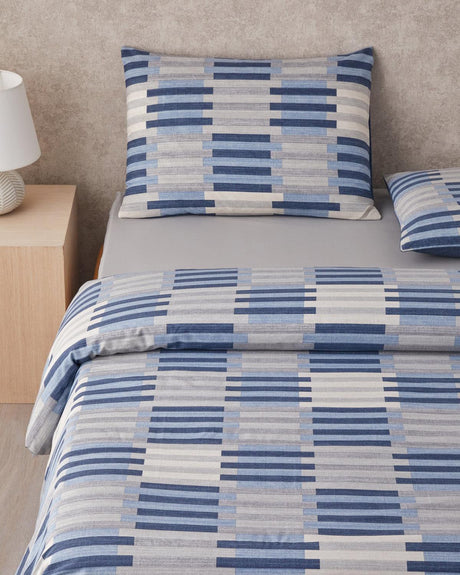 Premium Easy Care Wrinkle Resistant Double Duvet Cover Set with Fitted Sheet Dark Blue Beige