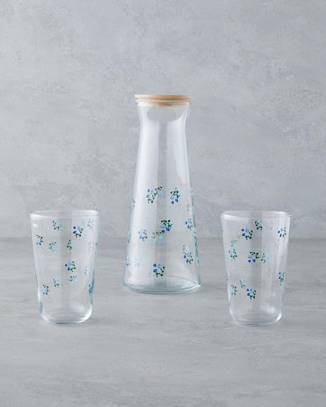 Premium Blue Glass Water Carafe and Tumbler Set - 3 Piece