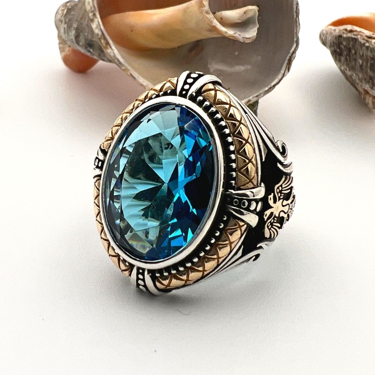 Blue Aquamarine Double Headed Eagle Silver Ring