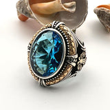 Blue Aquamarine Double Headed Eagle Silver Ring