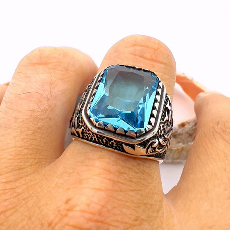 Blue Aquamarine Men's Silver Ring