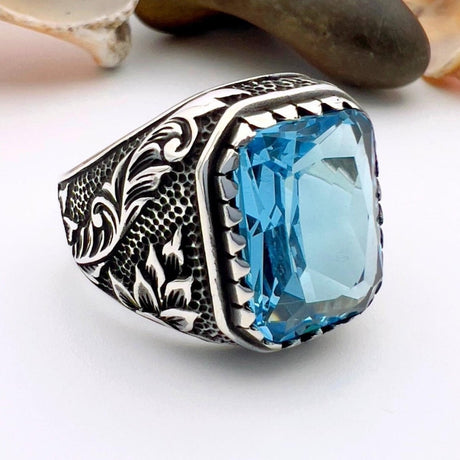 Blue Aquamarine Men's Silver Ring