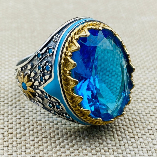 Blue Aquamarine Oval Stone Men's Ring