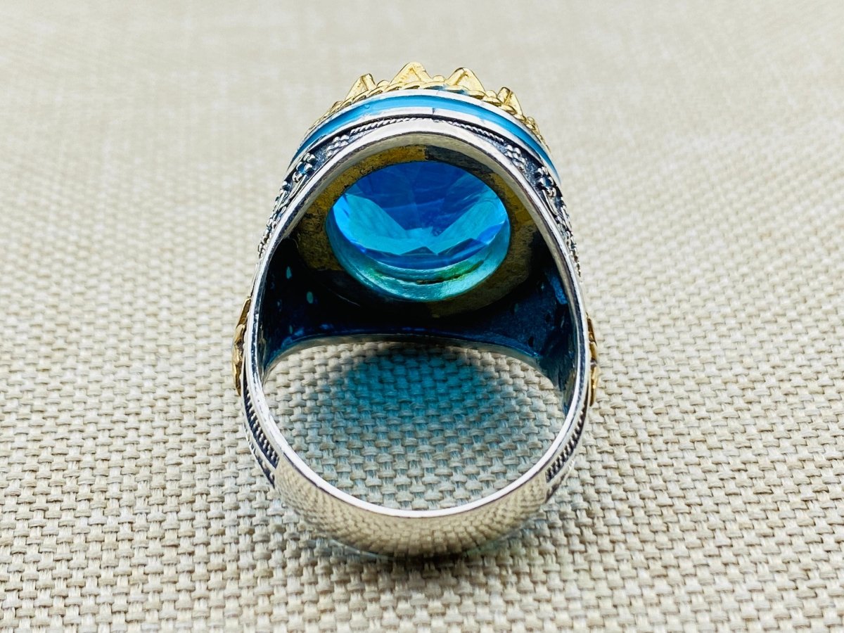 Blue Aquamarine Oval Stone Men's Ring