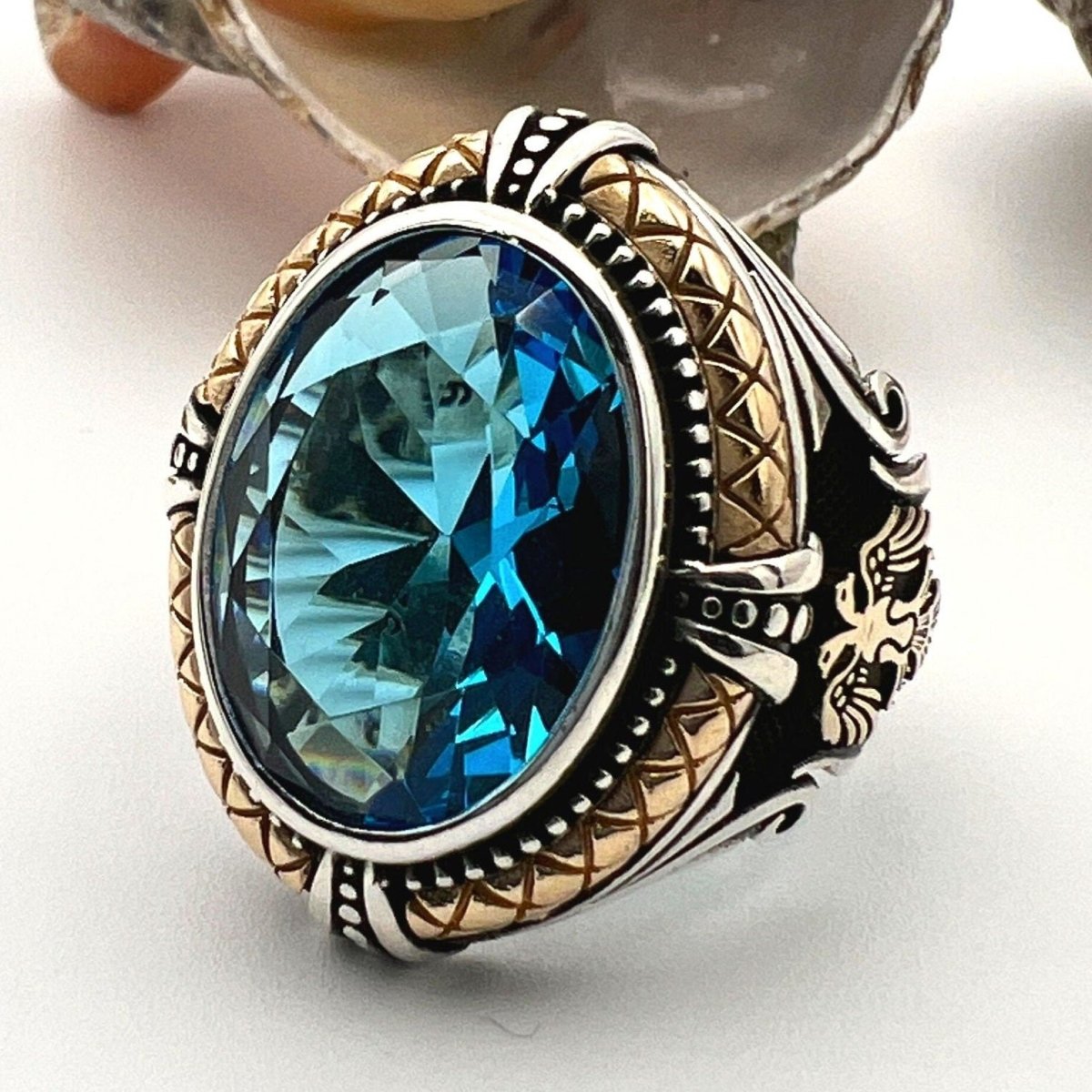 Blue Aquamarine Stone Double Headed Eagle Ring