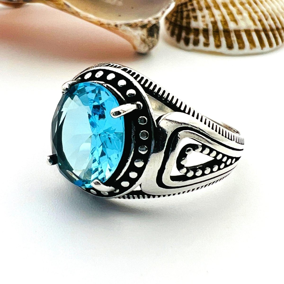 Blue Aquamarine Stone Men's Ring