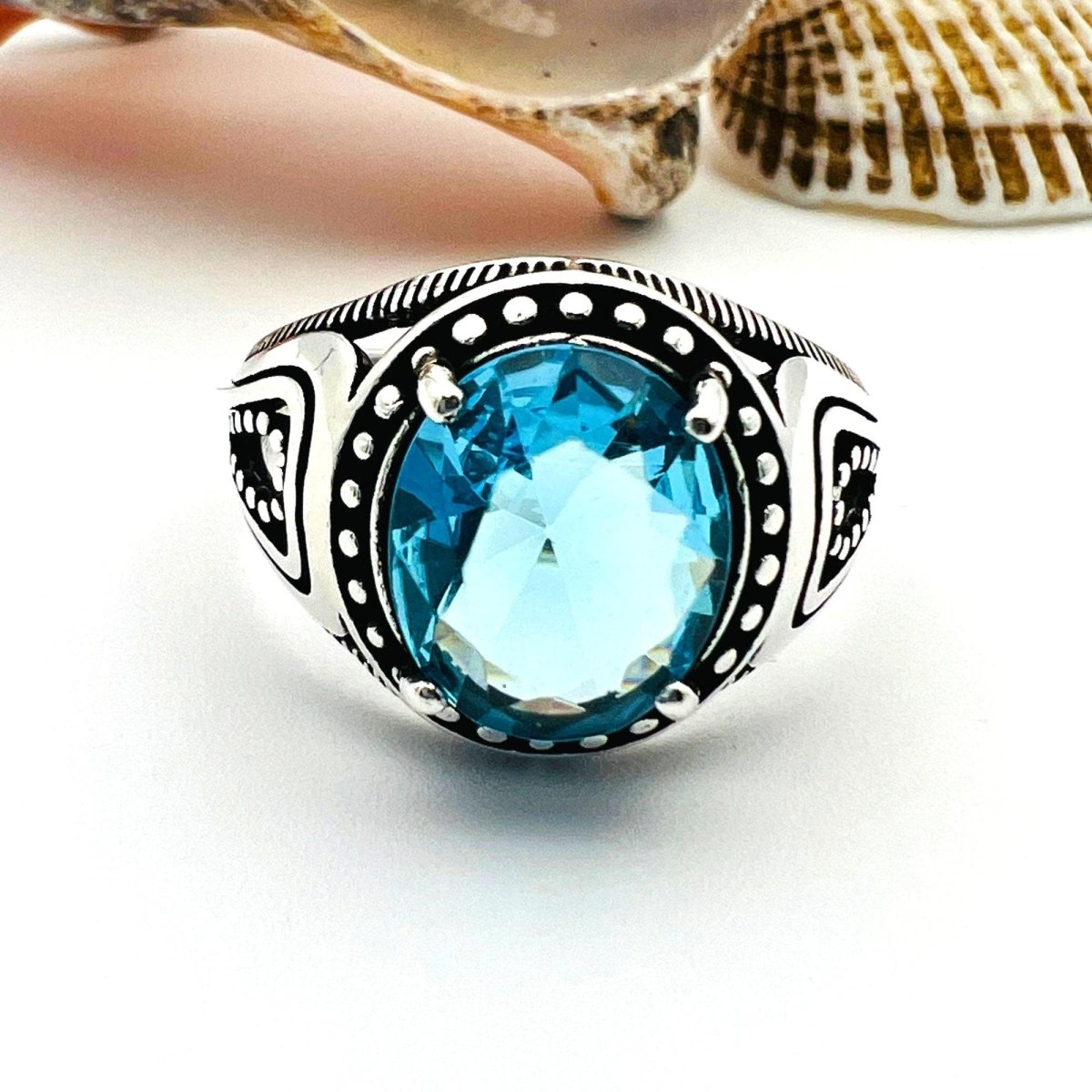 Blue Aquamarine Stone Men's Ring