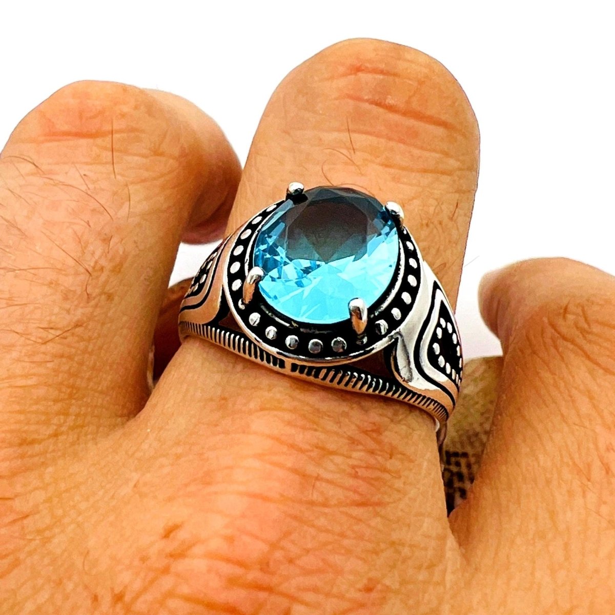 Blue Aquamarine Stone Men's Ring