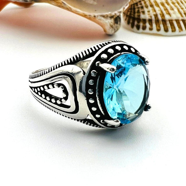 Blue Aquamarine Stone Men's Ring