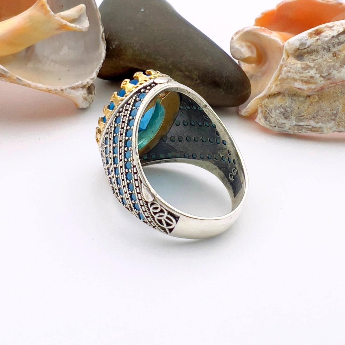 Blue Oval Aquamarine Stone Men's Ring