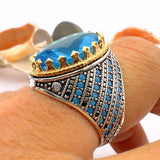 Blue Oval Aquamarine Stone Men's Ring