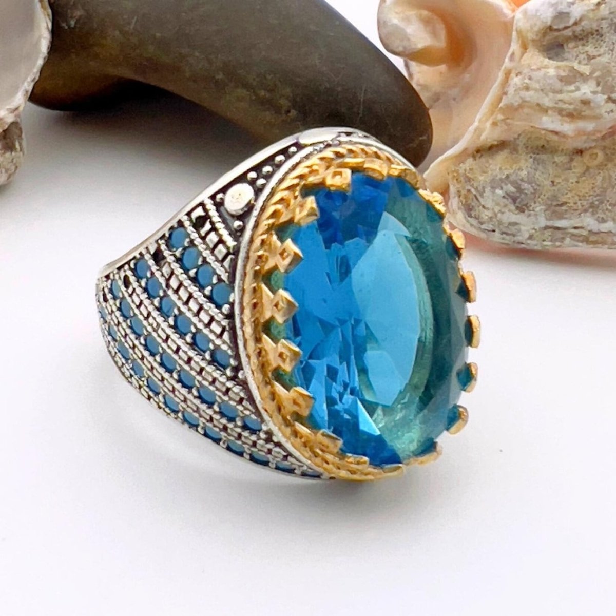 Blue Oval Aquamarine Stone Men's Ring