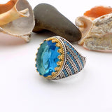 Blue Oval Aquamarine Stone Men's Ring