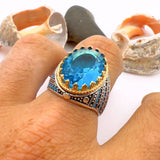 Blue Oval Aquamarine Stone Men's Ring